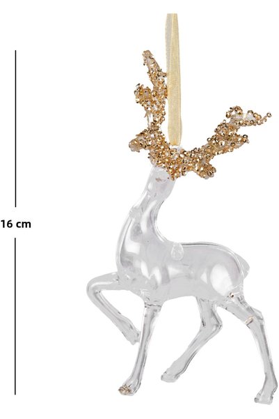 Herdekora Christmas Ornament, Deer, Transparent-Gold - Hanging, Acrylic Glass, Glitter Antlers, 10X16 cm