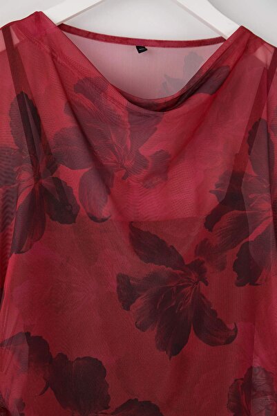 Trendyol Curve Red Floral Pattern A- Line Tulle Knitted Plus Size Dress Tbbaw26Ah00065