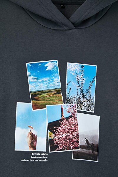 Trendyol Curve Оверсайз/широкий крій з капюшоном та антрацитовим принтом, великий розмір, флісова підкладка TBBAW26AO00036