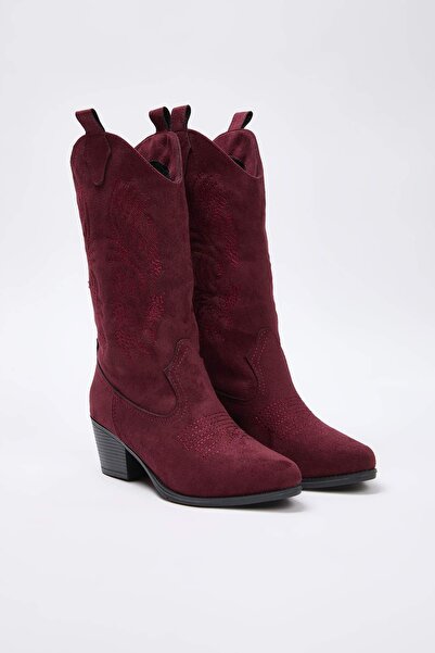 TRENDYOL SHOES Burgundy Embroidered Pointed Toe Block Heeled Women's Cowboy Bootstakaw26Bo00047