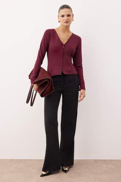 Trendyol Collection Plum Soft Touch V-Neck Zippered Regular/Regular Cut Knitted Blouse Twoaw26Bz00180