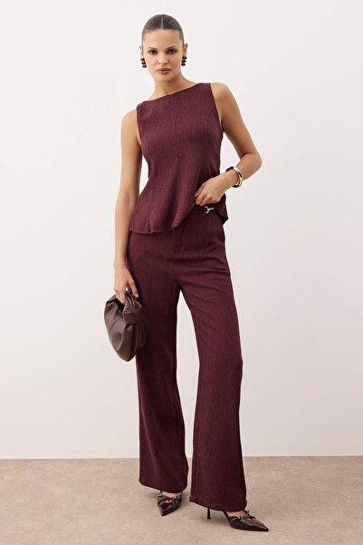 Trendyol Collection Plum Sleeveless Blouse Belt Buckle Wide Leg Pants Woven Bottom - Top Set Twoaw26Au00121