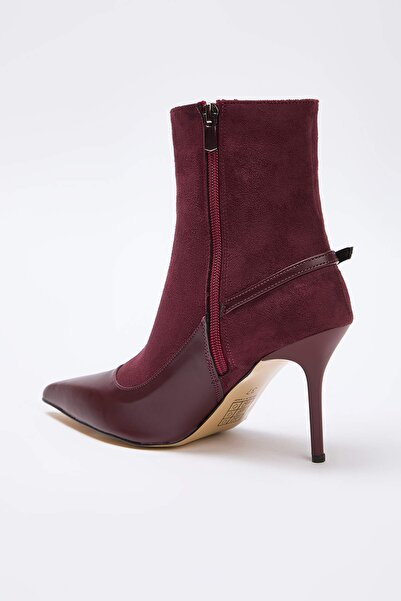 TRENDYOL SHOES Burgundy Suede Leather Combination Thin Heeled Ankle Women's Boots