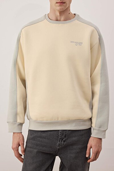 Trendyol Collection Grau-Ecru Unisex-Sweatshirt im neuen Oversize-/Weit-Schnitt mit Schriftzug-Stickerei und dickem Fleece-Innenfutter TMNAW26SW00023