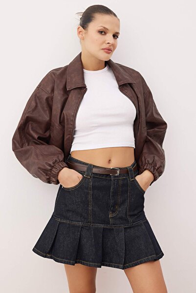 Trendyol Collection Темно-синя міні-спідниця з поясом і плісировкою TWOAW26ET00143