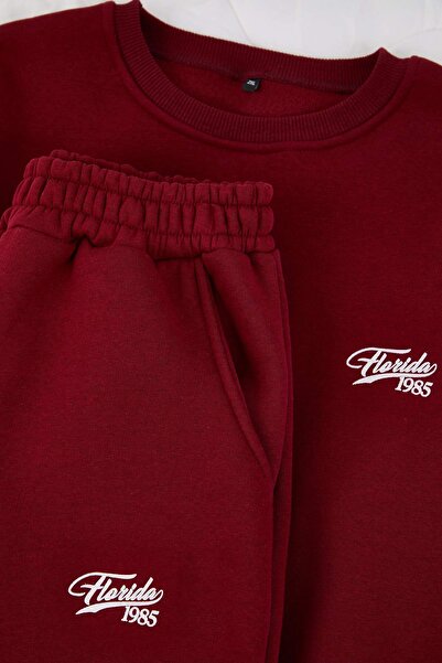 Trendyol Curve Бургунди минималистичен принт с детайли, подплатен с флис, комплект спортен екип в големи размери TBBAW26TS00015