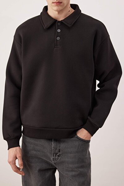 Trendyol Collection Black New Oversize/Loose Fit Soft Quality Fleece Inside Polo Neck Sweatshirt Tmnaw26Sw00004