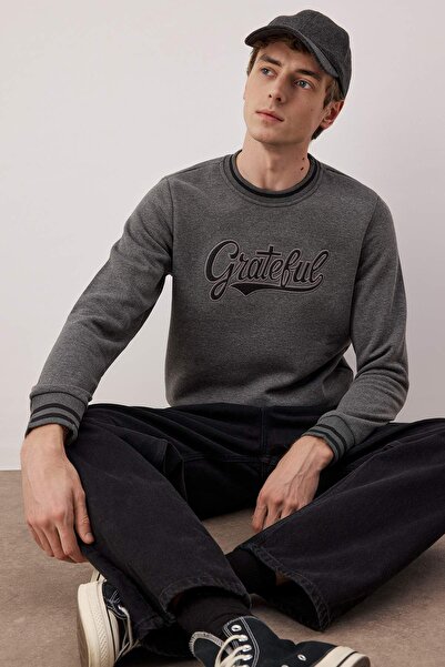 Trendyol Collection Anthracite Regular/Normal Cut Knitwear Banded Embroidered Sweatshirt Tmnaw26Sw00066