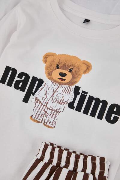 TRENDYOLKIDS Beige Unisex Children's 100% Cotton Printed Regular Knitted Pajamas Set Tkdaw26Pt00001