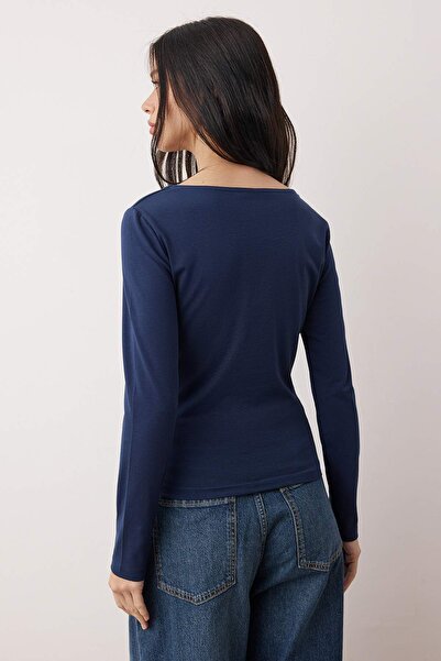 Trendyol Collection Grey Melange-Navy Blue Double Pack Boat Neck Fitted/Bodycon Knitted Blouse Twoaw25Bz00062