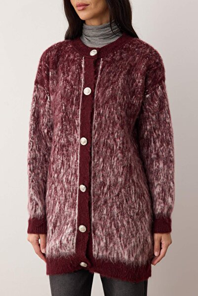 Trendyol Modest Burgundy Feathered/ Fleece-Lined Knitwear Cardigan Tctaw26Th00012