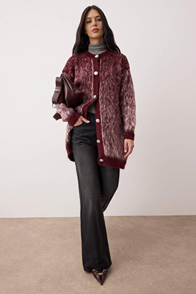 Trendyol Modest Burgundy Feathered/ Fleece-Lined Knitwear Cardigan Tctaw26Th00012