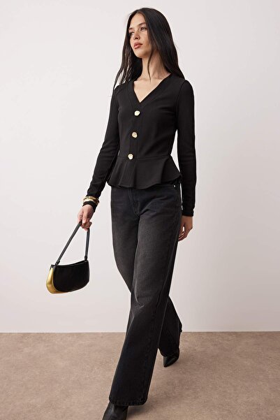 Trendyol Collection Black V-Neck Buttoned Peplum/Fitted Waist Stretchy Knitted Blouse Twoaw26Au00118