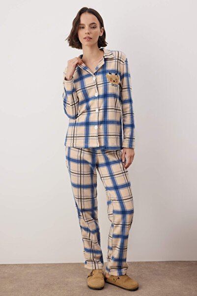 Trendyol Collection Fleece Winter Navy Embroidered Plaid Knitted Pajamas Set - Thmaw24Pt00175