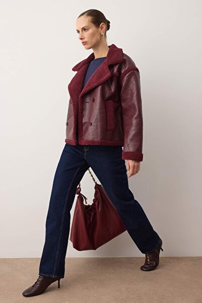 Trendyol Collection Faux Leather Biker Jacket - Claret Red with Plush Detail, TWOAW25MO00066