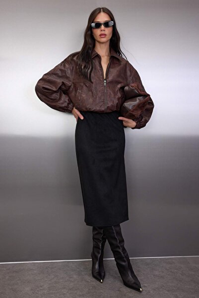 Trendyol Collection Fusta midi tricotată cu fante din piele intoarsa neagra TWOAW26ET00018