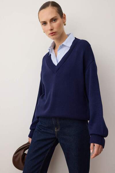 Trendyol Collection Navy Blue Shirt Collar Garnished Detailed Wide Fit Knitwear Sweater Twoaw26Kz00169