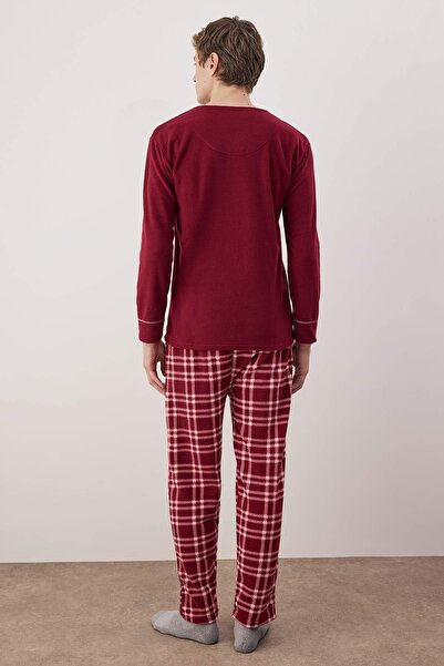 Trendyol Collection Σετ πιτζάμες με πλεκτό σχέδιο από φλις μπορντό με καρό/καρό σχέδιο TEDAW25PT00035