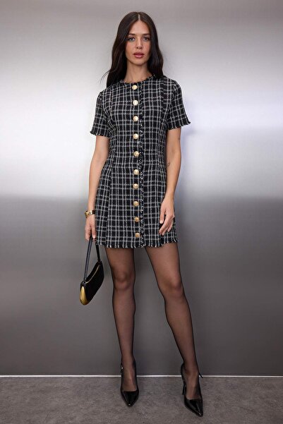 Trendyol Collection Black Plaid / Check Tweed Button Detail Short / Mini Woven Shirt Dress Twoaw26El00290