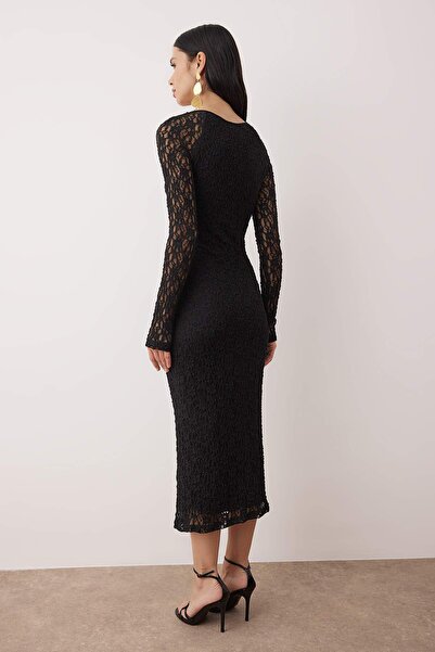 Trendyol Collection Black Lace Midi Lined Stylish/Evening Dress Tpraw26El00078