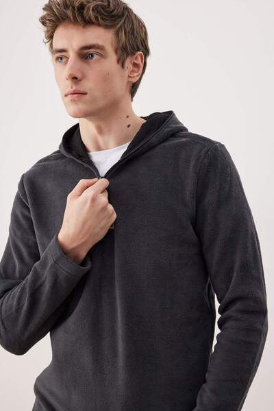 Trendyol Collection Anthracite Slim/Fitted Polar Zippered Hooded Sweatshirt Tmnaw26Sw00064