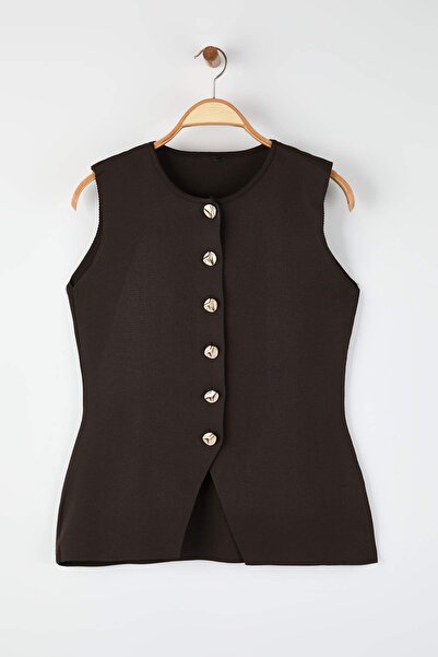 Trendyol Curve Dark Brown Gold Button Detailed Knitwear Vest Tbbss25Bh00015