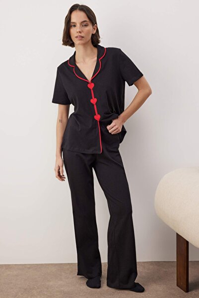 Trendyol Collection Black 100% Cotton Heart Embroidery 30/1 Openend Single Jersey Knitted Pajamas Set Thmaw26Pt00143