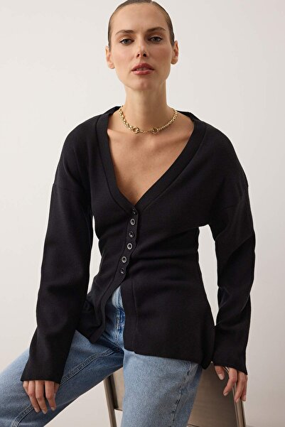 Trendyol Collection Schwarze Strickjacke mit V-Ausschnitt in Mercerized-Optik aus Premium-Garn/Spezialgarn TWOAW26HI00079