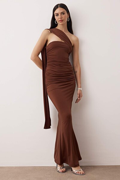 Trendyol Collection Brown Knitted Lined Maxi Stylish Evening Dress Night Graduation Dress Tpraw26El00148