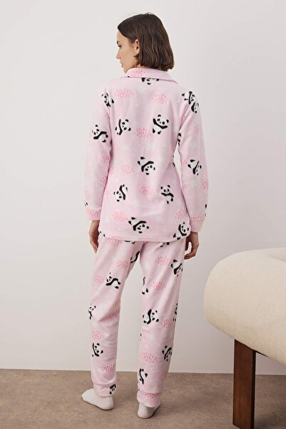 Trendyol Collection Panda mintás világos rózsaszín kötött pizsama és hálószalag - THMAW22PT0359