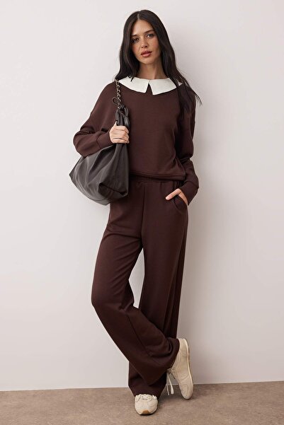 Trendyol Collection Brown Polo Neck Color Block Woven Garnish Knitted Bottom - Top Set Twoaw26Au00129