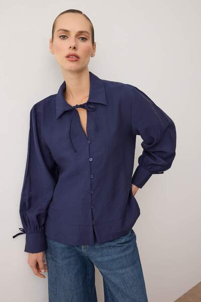 Trendyol Collection Sustainable Navy Blue Boho Modal Tie Detail Oversized Modal Shirt Twoaw26Go00080
