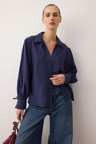 Trendyol Collection Sustainable Navy Blue Boho Modal Tie Detail Oversized Modal Shirt Twoaw26Go00080