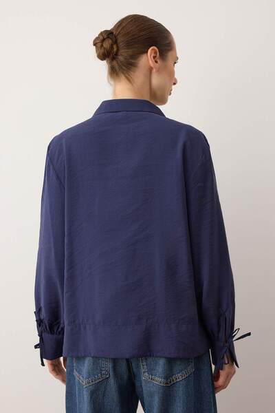 Trendyol Collection Sustainable Navy Blue Boho Modal Tie Detail Oversized Modal Shirt Twoaw26Go00080
