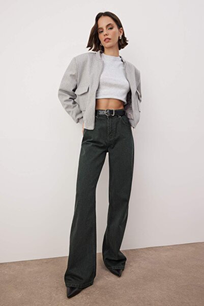 Trendyol Collection Petrol High Waist Vintage Wash Special Color Denim Wide Leg Jeans Twoaw26Je00110