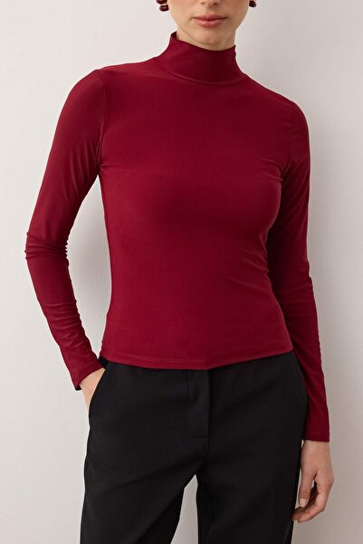 Trendyol Collection Claret Red Stretch Πλεκτή Μπλούζα με κορδόνι - Μακρύ μανίκι, Σταντ γιακά - TWOAW25BZ00078