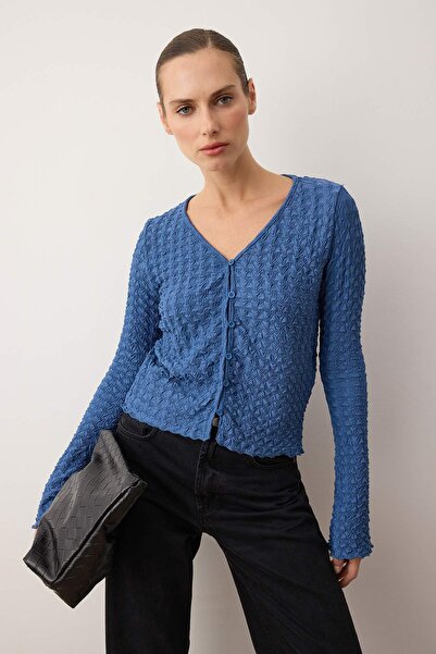 Trendyol Collection Indigo Textured Long Sleeve Stretchy Knitted Blouse Twoaw26Bz00334