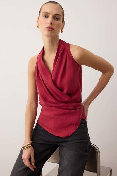 Trendyol Collection Limited Edition Burgundy Modal Double-Breasted Woven Blouse Twoss25Bz00363