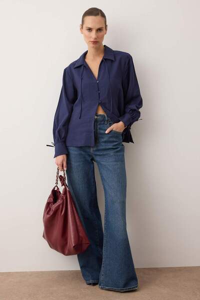 Trendyol Collection Sustainable Navy Blue Boho Modal Tie Detail Oversized Modal Shirt Twoaw26Go00080