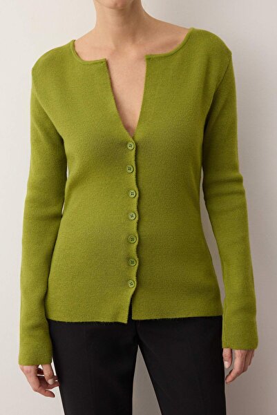 Trendyol Collection Oil Green Premium Yarn/Special Yarn Fitted/Fitting Wool Knitwear Cardigan Twoaw26Hi00046