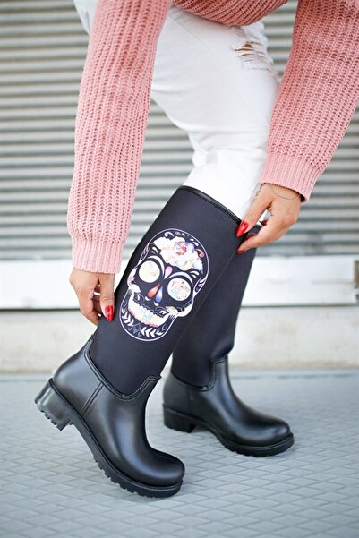Sea&Blue Αδιάβροχες γυναικείες μπότες βροχής με στάμπα με μοτίβο κρανίου