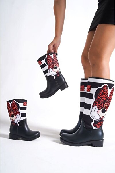 Sea&Blue Anne Kız Kombin Çizgili Minnie Su Geçirmeyen Yağmur Çizmesi