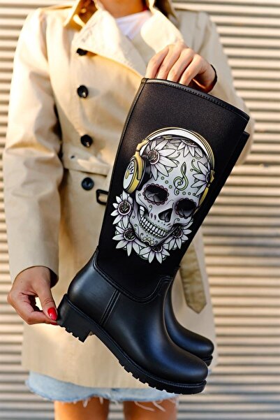 Sea&Blue جمجمة وزهرة مطبوعة أحذية المطر النسائية المقاومة للماء