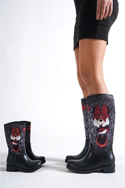 Sea&Blue Anne Kız Kombin Minnie Mouse Gri Baskılı Su Geçirmeyen Yağmur Çizmesi