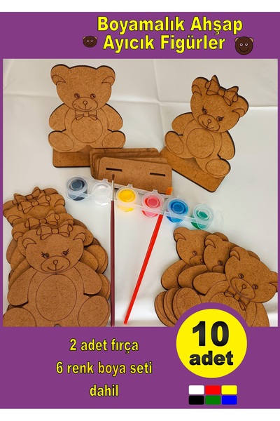 Self Power 10 Adet ayıcık figürü boyama seti + boya seti ve fırçalar