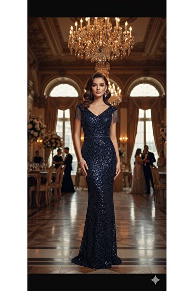 BALCI BÜYÜK BEDEN PAYET TAŞ İŞLEMELİ KOLLARI BONCUK DETAYLI ABİYE ELBİSE