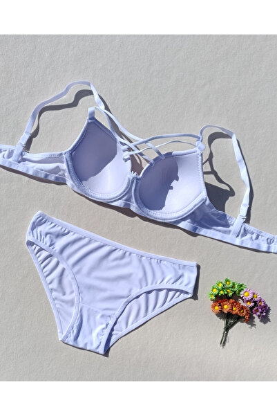 siyalife Порожнистий бюстгальтер з балеринами без наповнювача, з хрестоподібними шнурками, білий, та трусики (порожнистий)