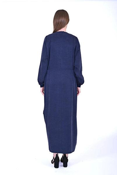 Invee Navy Blue 7013 Model Modal Fabric Textured Invee Dress