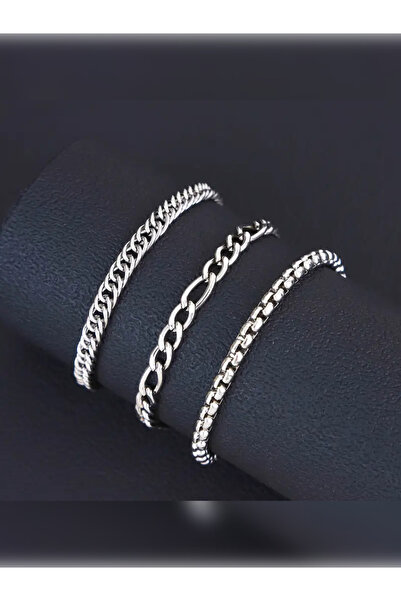 PURE BERRY طقم أساور رجالية من البريل النقي مكون من 3 قطع باللون الفضي