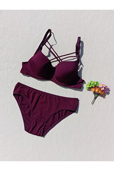 siyalife Hollow Covered Underwire Unpadded Cross String Plum Bra and Panty Lingerie Set (Hollow)
